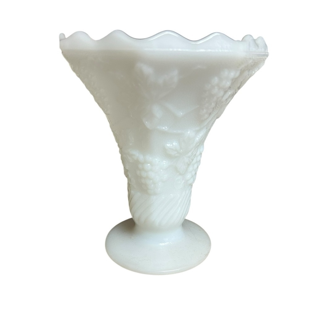 Vintage Milk Glass vase Grape Vine Scalloped Edge Fluted Pedestal